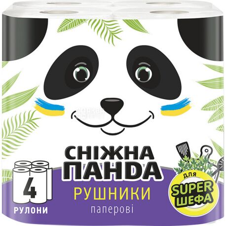 Снежная Панда, 4 рул., Бумажные полотенца, 2-х слойные, белые, 12 м, 110 листов, 217х110 мм