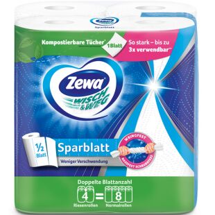 Zewa Wisch Weg, 4 рул., Паперові рушники Зева, 2-шарові, білі, 20,4 м, 148 аркушів, 140х260 мм
