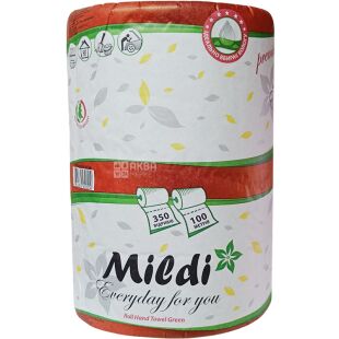 Mildi,1 рул., Рушники паперові Мілді, 1-шарові, зелені, 100 м, 350 аркушів, 215х280 мм