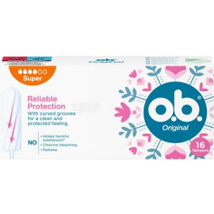 o.b., Original Super, 16 шт., Тампоны без аппликатора, спиралевидные, 4 капли