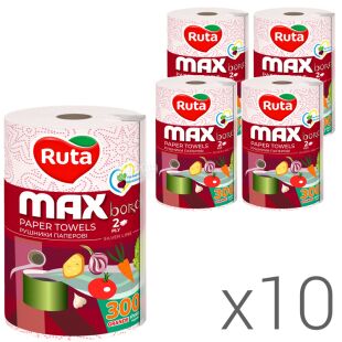 Ruta MAX, Упаковка 10 шт. х 1 рул., Паперові рушники Рута Макс, 2-шарові, білі, 60 м, 300 аркушів, 225х200 мм