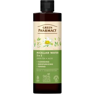 Green Pharmacy, 500 мл, Міцелярна вода, 3 в 1, Зелений чай та алое