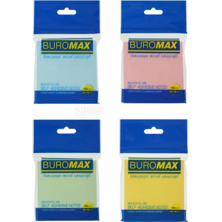 Buromax, 100 листов, Буромакс, Бумага для заметок, ассорти, с клеевым слоем, 76х76 мм