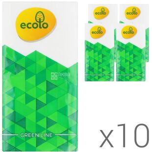 Ecolo, Упаковка 10шт. х 9 шт., Платочки бумажные Эколо, двухслойные, белые, в ассортименте