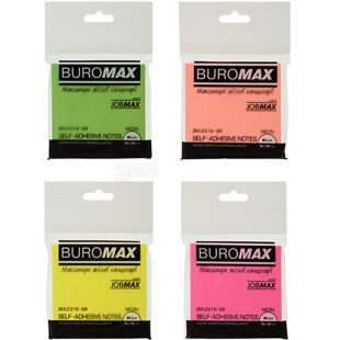 Buromax, 80 аркушів, Буромакс, Папір для нотаток Неон, асорті, з клейким шаром, 76х76 мм