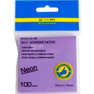 Buromax, 100 листов, Буромакс, Бумага для записей Неон, ассорти, с клейким слоем, 76х76 мм