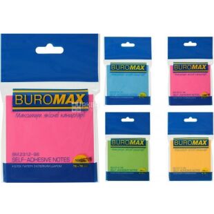 Buromax, 100 аркушів, Буромакс, Папір для записів Неон, асорті, з клейким шаром, 76х76 мм