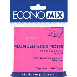 Economix, 100 листов, Экономикс, Бумага для записей Неон, малиновая, с клейким слоем, 75х75 мм