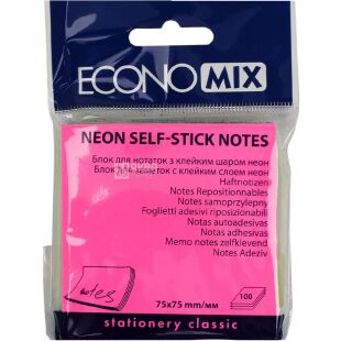 Economix, 100 листов, Экономикс, Бумага для записей Неон, ассорти, с клеевым слоем, 75х75 мм
