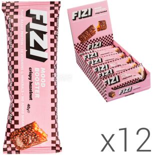 Fizi Crispy Hazelnut, Упаковка 12 шт. х 40 г, Физи, Веганский батончик Фундук с карамелью в шоколадной глазури, низкокалорийный