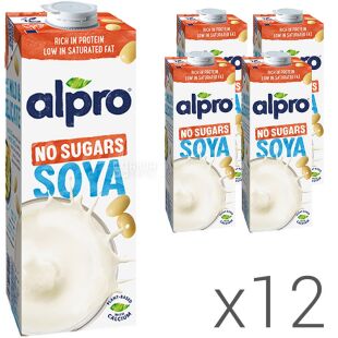 Alpro, Soya No sugars, Упаковка 12 шт. по 1 л, Алпро, Соєве молоко, без цукру та лактози, вітамінізоване