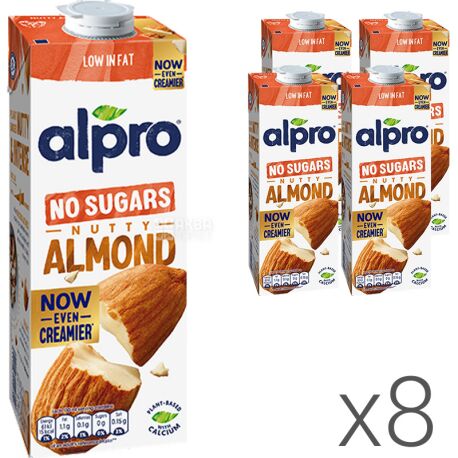 Alpro Nutty Almond No Sugars,, Упаковка 8 шт. по 1 л, Алпро, Миндальное молоко без сахара и лактозы, витаминизированное