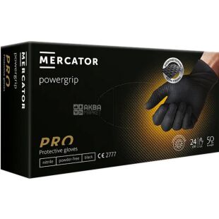 Mercator GoGrip PRO, 50 шт., Розмір M, Меркатор, Рукавички нітрилові текстурні, нестерильні, неопудрені, чорні