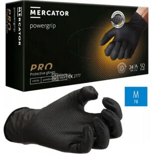 Mercator GoGrip PRO, 50 шт., Размер M, Меркатор, Перчатки нитриловые текстурные, нестерильные, неопудренные, черные