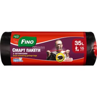 Fino, 15 шт., 35 л, Пакети для сміття, із затягуваннями, суперміцні, чорні