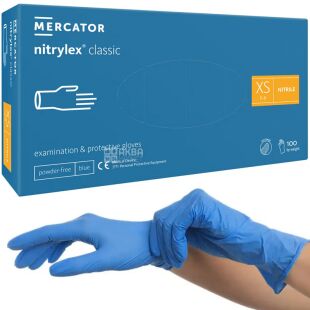 Mercator Nitrylex Classic, 100 шт., Размер XS, Меркатор, Перчатки нитриловые, неопудренные, голубые