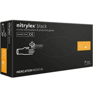 Mercator Medical Nitrylex Black, 100 шт., Размер XS, Меркатор, Перчатки нитриловые, неопудренные, черные