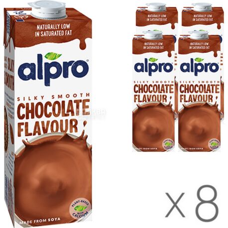 Alpro, Soya Chocolate, Упаковка 8 шт. по 1 л, Алпро, Соевое молоко с шоколадом, витаминизированное