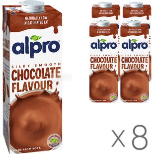 Alpro, Soya Chocolate, Упаковка 8 шт. по 1 л, Алпро, Соєве молоко з шоколадом, вітамінізоване