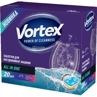 Vortex all in 1, 20 шт., Вортекс, Таблетки для посудомийних машин, Без фосфатів