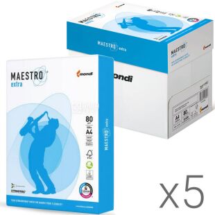 Maestro Extra, Упаковка 5 шт. х 500 аркушів, Папір офісний А4, білий, клас А, 80г/м2