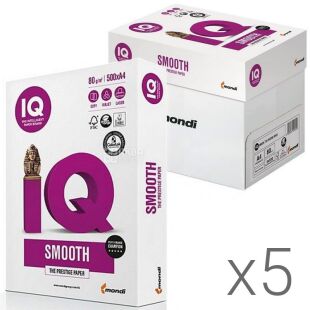 IQ Smooth, Упаковка 5 шт. х 500 аркушів, Папір офісний А4, білий, клас А, 80 г/м2