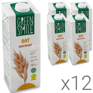 Green Smile, Упаковка 12 шт. х 950 мл, Грін Смайл, Молоко вівсяне безлактозне, 2,5%