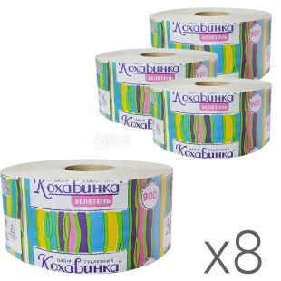 Кохавинка, Упаковка 8 шт. х 1 рул., Туалетний папір макулатурний, одношаровий, 150 м, 900 відривів, 90х166 мм, на втулці