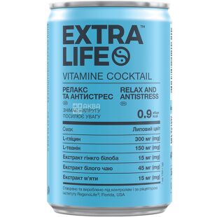 Extra Life Vitamine Coctail, 0,15 л, Напій вітамінний зі стевією Липовий цвіт, Релакс та Антистрес Екстра Лайф, ж/б
