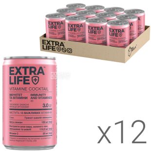 Extra Life Vitamine Coctail, Упаковка 12 шт. х 0,15 л, Напій вітамінний зі стевією 13 Вітамінів, Імунітет та Вітаміни, ж/б