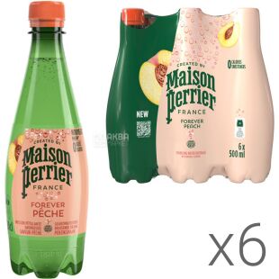 Maison Perrier Forever Peche, Упаковка 6 шт. х 0,5 л, Вода минеральная газированная с соком Персика Мейсон Перье, без сахара, ПЭ