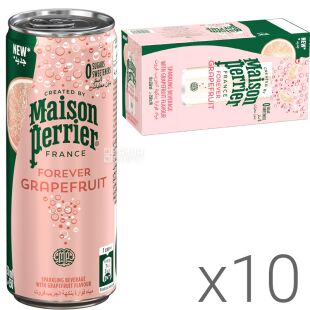 Maison Perrier Forever Grapefruit, Упаковка 10 шт. х 0,25 л, Вода минеральная со вкусом Грейпфрута Мейсон Перье, без сахара, ж/б