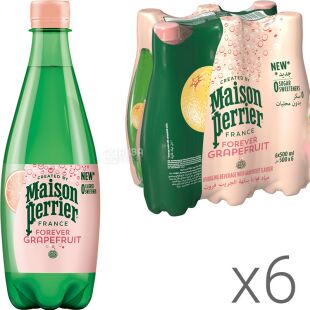 Perrier Grapefruit, Упаковка 6 шт., х 0,5 л, Вода минеральная со вкусом Грейпфрута Перье, без сахара, ПЭТ