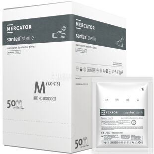 Mercator Santex Sterile, 100 шт., Размер М, Меркатор, Перчатки латексные, стерильные, опудренные, белые