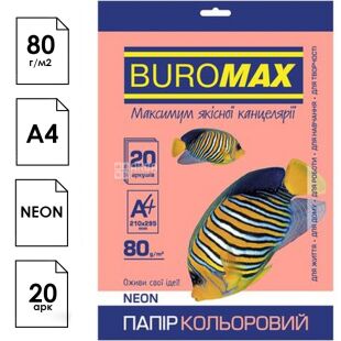 Buromax Neon, 20 аркушів, Папір офісний, кольоровий, А4, 80 г/м2, рожевий