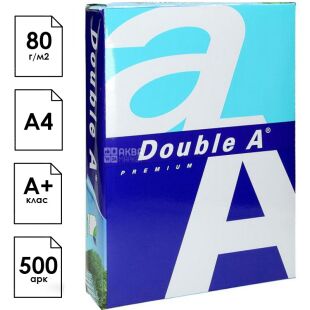 Double A, 500 л., Бумага А4, Класс А+, 80 г/м2