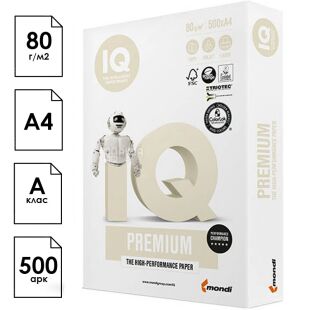 IQ Premium 500 листов, Бумага офисная А4, белая, Класс А, 80г/м2