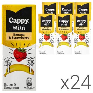 Cappy mini Banana Strawberry, Упаковка 24 шт. х 0,2 л, Нектар Банан-Полуниця Каппі міні, з трубочкою