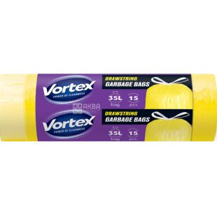 Vortex, 15 шт., 35 л, Вортекс, Пакеты для мусора с затяжками, желтые