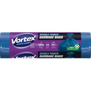 Vortex Double Power, 10 шт., 120 л, Вортекс, Пакети для сміття, багатошарові, сині