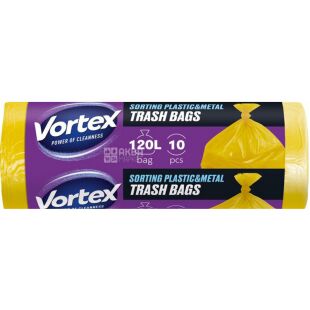 Vortex Double Power, 10 шт., 120 л, Вортекс, Пакети для сміття, багатошарові, жовті
