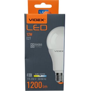 VIDEX LED, Лампа светодиодная, цоколь E27, 12 W, 3000К, теплое свечение, 1200 Lm