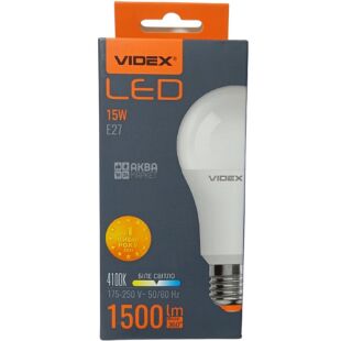 VIDEX LED A65e, Лампа світлодіодна, цоколь E27, 15W, 4100K нейтральне біле світло, 1500 Lm
