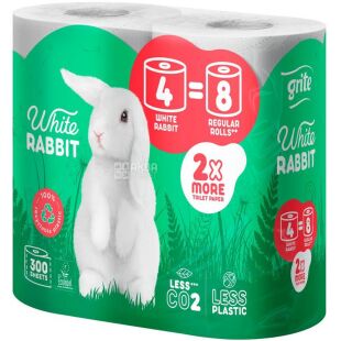 Grite White Rabbit, 4 рул., Туалетний папір Гріте Білий кролик, 3-шаровий, білий, 33 м, 300 відривів