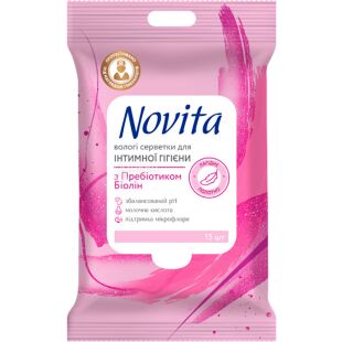 Novita, 15 шт., Новіта, Серветки вологі для інтимної гігієни, з пребіотиком біолін
