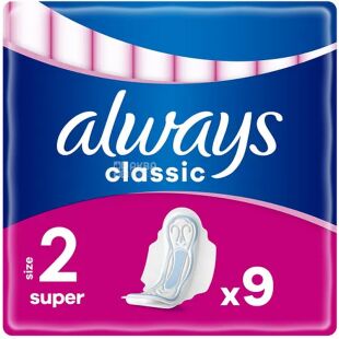 Always Classic Super, 9 шт., Олвейс, Прокладки гигиенические с крылышками, 5 капель