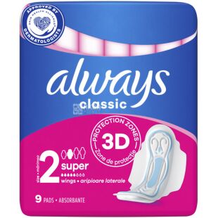 Always Classic Super, 9 шт., Олвейс, Прокладки гигиенические с крылышками, 5 капель