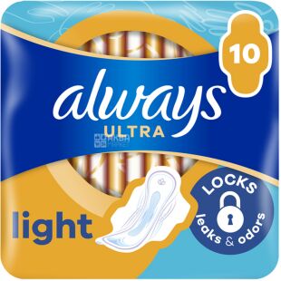 Always Ultra Light, 10 шт., Олвейс, Прокладки гігієнічні з крильцями, 3 краплі