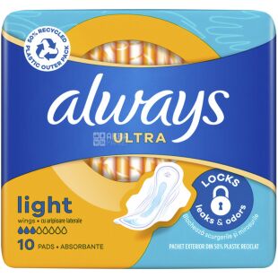 Always Ultra Light, 10 шт., Олвейс, Прокладки гигиенические с крылышками, 3 капли