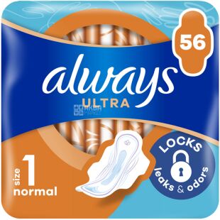 Always Ultra Normal, 56 шт., Олвейс, Гігієнічні прокладки з крильцями, 4 краплі